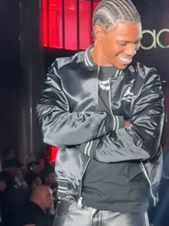 Close-up of The Jordan A-Boogie Wit Da Hoodie Macys Rookie Kids Show Black Satin Varsity Jacket