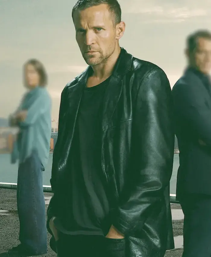 Close-up of Tobias Santelmann TV-Series Jo Nesbo’s Detective Hole 2026 Black Leather Jacket