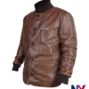 Close-up of Tom Hardy Harry Da Souza TV Series 2025 Mobland Brown Leather Jacket For Sale