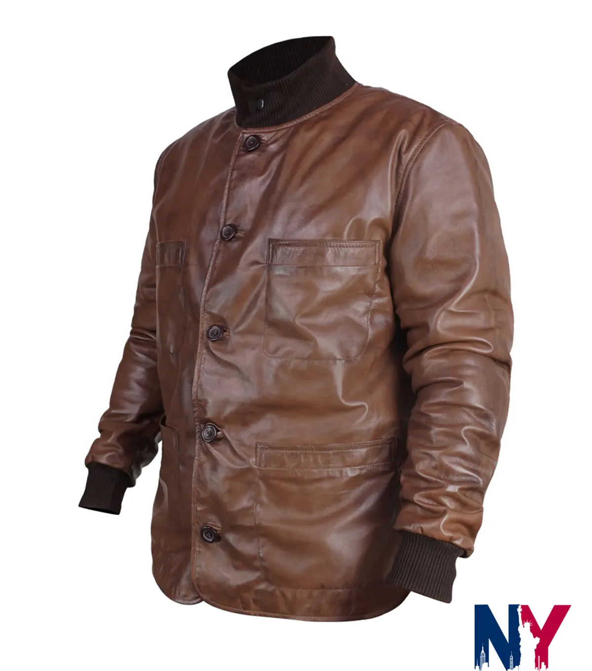 Close-up of Tom Hardy Harry Da Souza TV Series 2025 Mobland Brown Leather Jacket For Sale