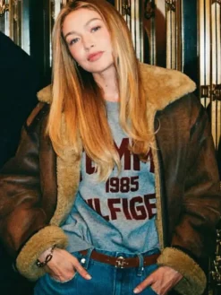 Close-up of Tommy Hilfiger Gigi Hadid Shearling Leather Natural Cognac Aviator Jacket