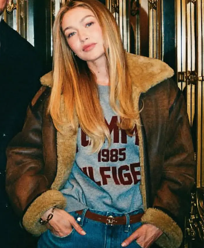 Close-up of Tommy Hilfiger Gigi Hadid Shearling Leather Natural Cognac Aviator Jacket