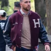 Close-up of Tommy Hilfiger Travis Kelce Mixed-Media Burgundy Varsity Jacket