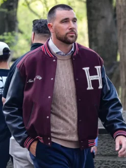 Close-up of Tommy Hilfiger Travis Kelce Mixed-Media Burgundy Varsity Jacket
