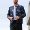Close-up of Travis Kelce Kansas City Chiefs Arrowhead Stadium Louis Vuitton Embellished Tie-Dye Collarless Jacket