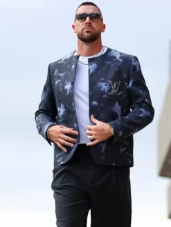Close-up of Travis Kelce Kansas City Chiefs Arrowhead Stadium Louis Vuitton Embellished Tie-Dye Collarless Jacket