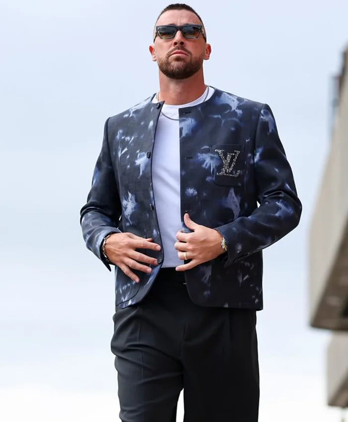 Close-up of Travis Kelce Kansas City Chiefs Arrowhead Stadium Louis Vuitton Embellished Tie-Dye Collarless Jacket