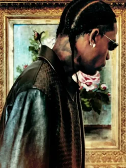 Close-up of Travis Scott Bottega Veneta 2026 Outlander Magazine Milan Black Leather Jacket