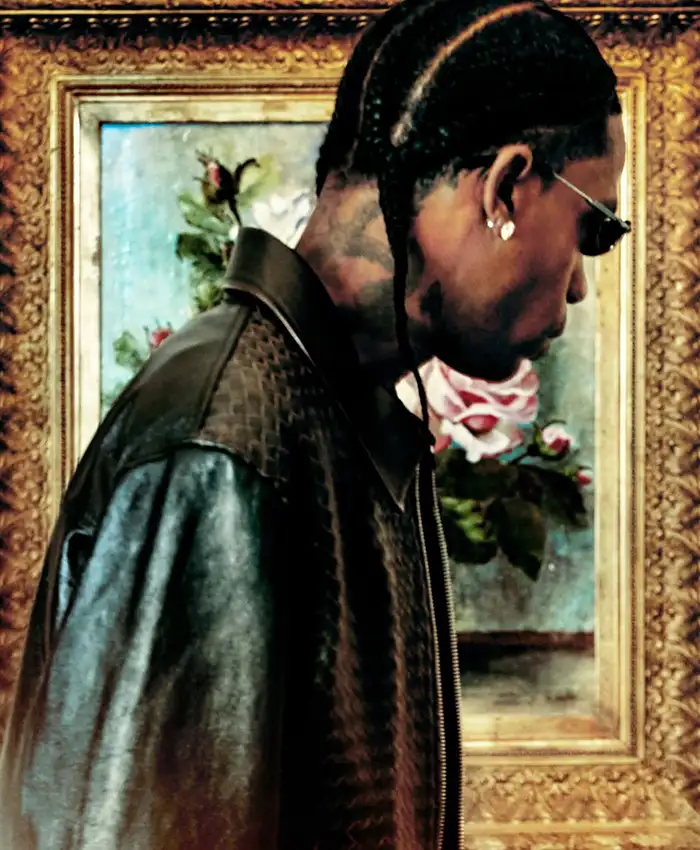 Close-up of Travis Scott Bottega Veneta 2026 Outlander Magazine Milan Black Leather Jacket