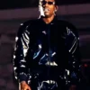 Close-up of Travis Scott Night Two YE’s Homecoming Show Chicago Black Leather Laminated Tracksuit
