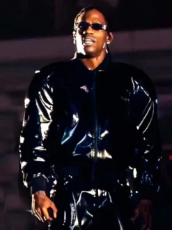 Close-up of Travis Scott Night Two YE’s Homecoming Show Chicago Black Leather Laminated Tracksuit