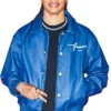 Close-up of WNBA Indiana Fever Makayla Timpson Birthday Fit Navy Blue Leather Bomber Jacket