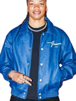 Close-up of WNBA Indiana Fever Makayla Timpson Birthday Fit Navy Blue Leather Bomber Jacket