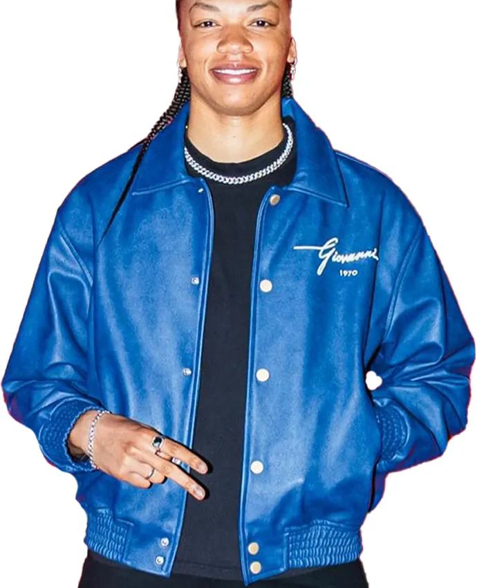 Close-up of WNBA Indiana Fever Makayla Timpson Birthday Fit Navy Blue Leather Bomber Jacket