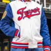 Close-up of WNBA Indiana Fever Satin Red, White And Blue Script Bomber Varsity Jacket