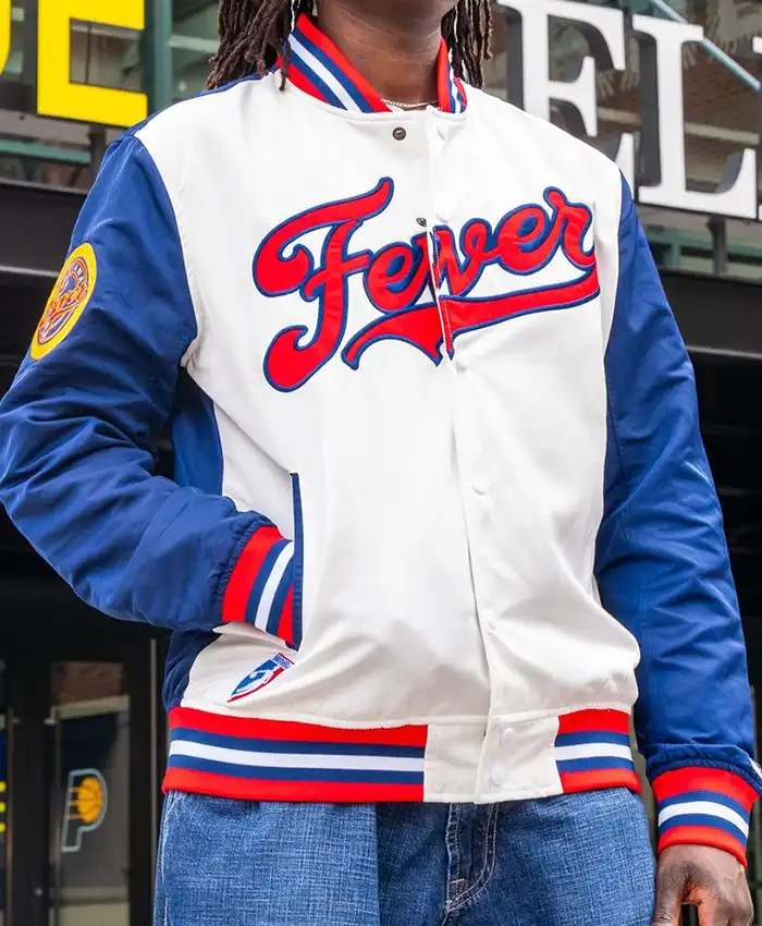 Close-up of WNBA Indiana Fever Satin Red, White And Blue Script Bomber Varsity Jacket