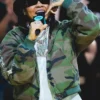 Close-up of WNBA New York Liberty Halftime Show Barclays Center Camouflage Green Bomber Jacket