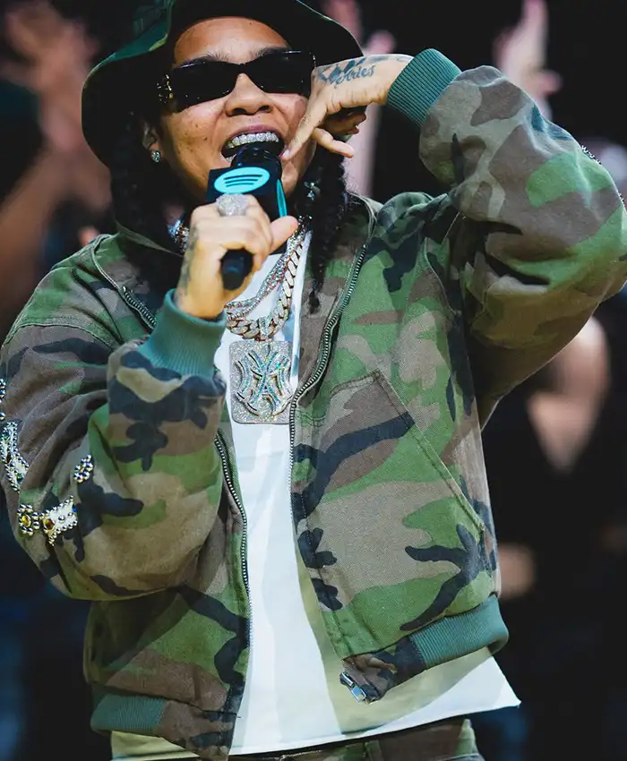 Close-up of WNBA New York Liberty Halftime Show Barclays Center Camouflage Green Bomber Jacket