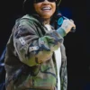 Close-up of WNBA New York Liberty Halftime Show Barclays Center Green Camouflage Bomber Jacket