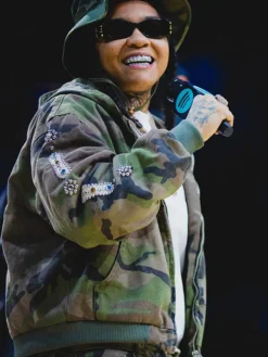 Close-up of WNBA New York Liberty Halftime Show Barclays Center Green Camouflage Bomber Jacket
