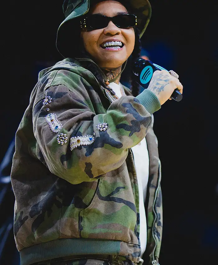 Close-up of WNBA New York Liberty Halftime Show Barclays Center Green Camouflage Bomber Jacket