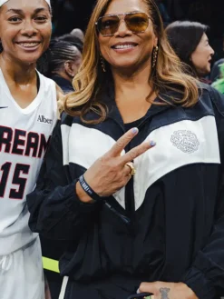 Close-up of WNBA Season 30 ATL vs. NYL Queen Latifah Black And White Polyester Tracksuit