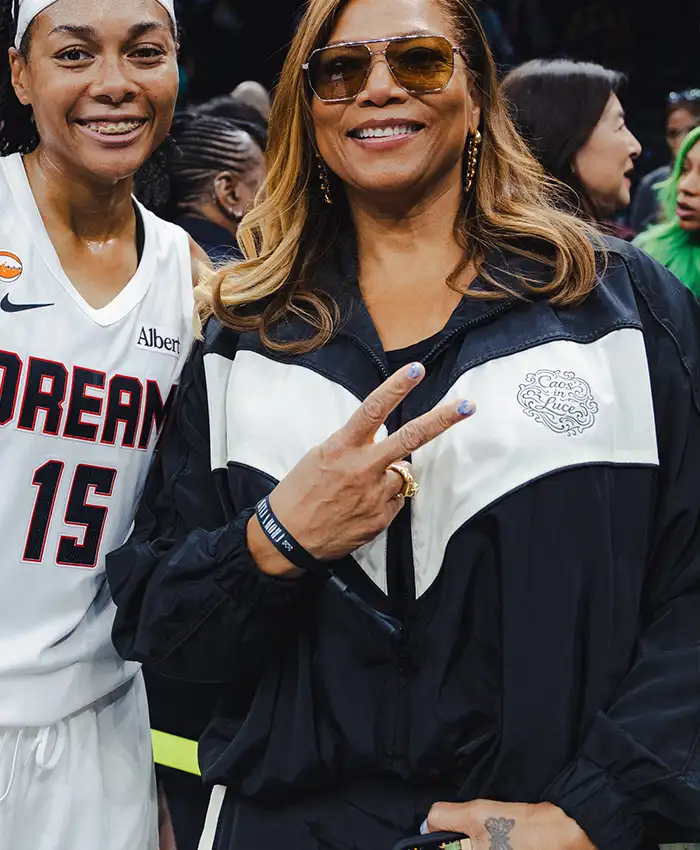 Close-up of WNBA Season 30 ATL vs. NYL Queen Latifah Black And White Polyester Tracksuit