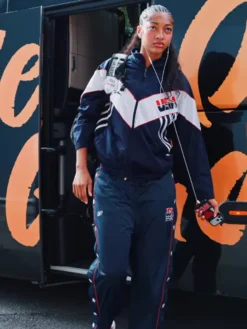 Close-up of WNBA Star Angel Reese Custom Vintage Team USA Blue Polyester Windbreaker Tracksuit