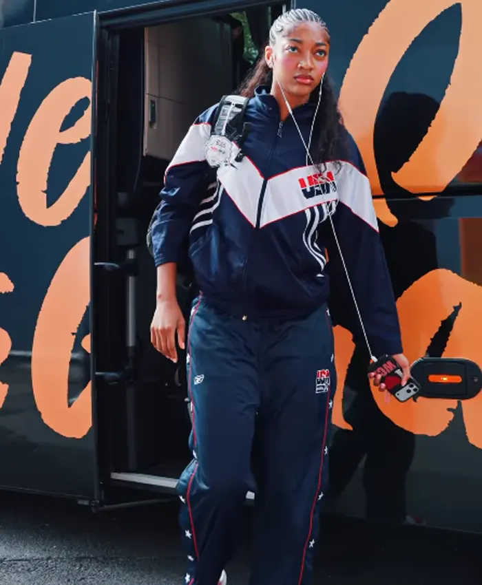 Close-up of WNBA Star Angel Reese Custom Vintage Team USA Blue Polyester Windbreaker Tracksuit