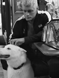 Close-up of WWE Cody Rhodes H3E Dog Pharaoh Black And White Fleece Track Jacket