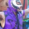 Close-up of WWE Rey Mysterio AAA TripleMania 34 2026 Halloween Purple And Black Leather Vest