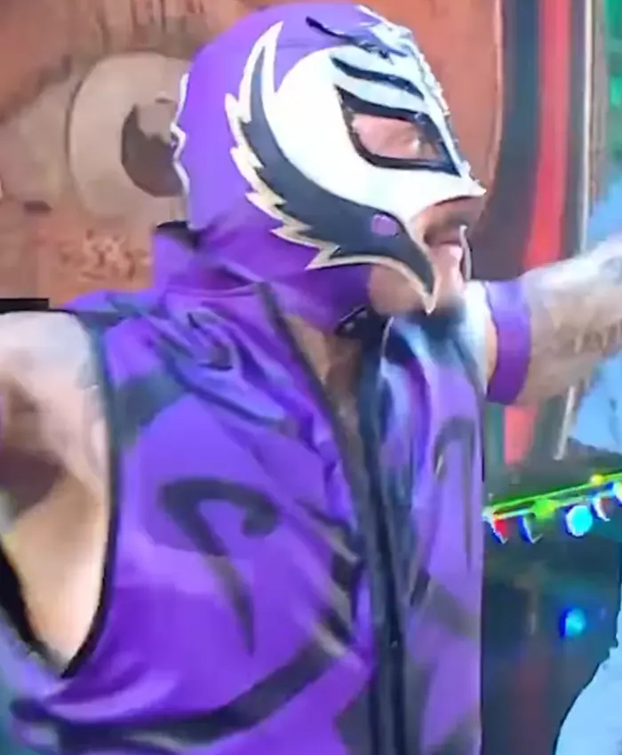 Close-up of WWE Rey Mysterio AAA TripleMania 34 2026 Halloween Purple And Black Leather Vest
