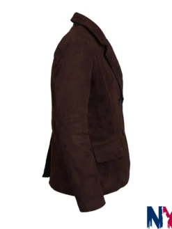 Close-up of Women's Casual Dark Brown Suede Leather Blazer For Sale