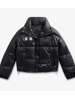 Close-up of Women's NFL Philadelphia Eagles Off Season Black PU Leather Puffer Jacket