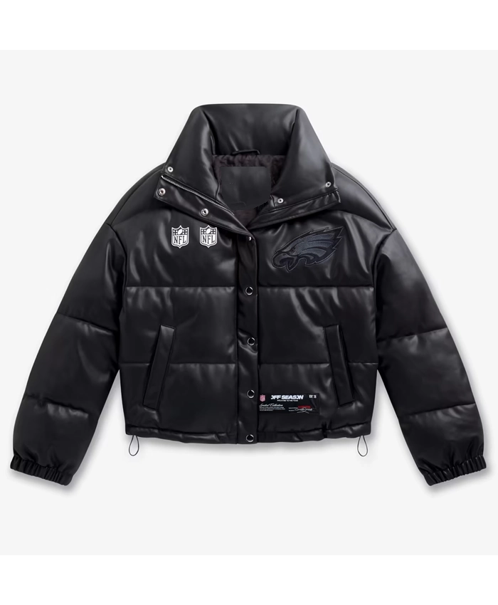 Close-up of Women's NFL Philadelphia Eagles Off Season Black PU Leather Puffer Jacket