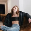 Close-up of Women's Sadie Sink Calvin Klein Fall-Winter 2026 Black Leather Jacket