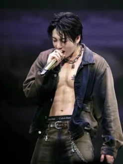 Close-up of of Jungkook BTS ARIRANG World Tour Los Angeles Black Cotton Workwear Jacket