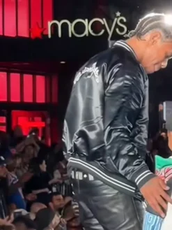 Close view of A-Boogie Wit Da Hoodie Macys Rookie Kids Show The Jordan Black Satin Varsity Jacket