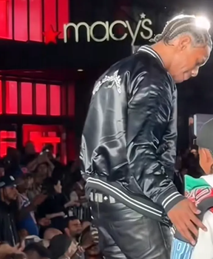 Close view of A-Boogie Wit Da Hoodie Macys Rookie Kids Show The Jordan Black Satin Varsity Jacket