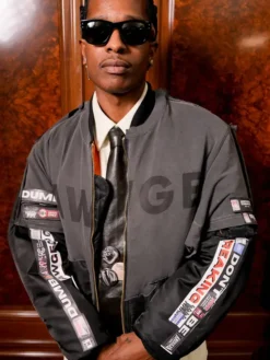 Close view of AWGE Spring-Summer 2027 Paris Fashion Week A$AP Rocky Black Satin Bomber Jacket