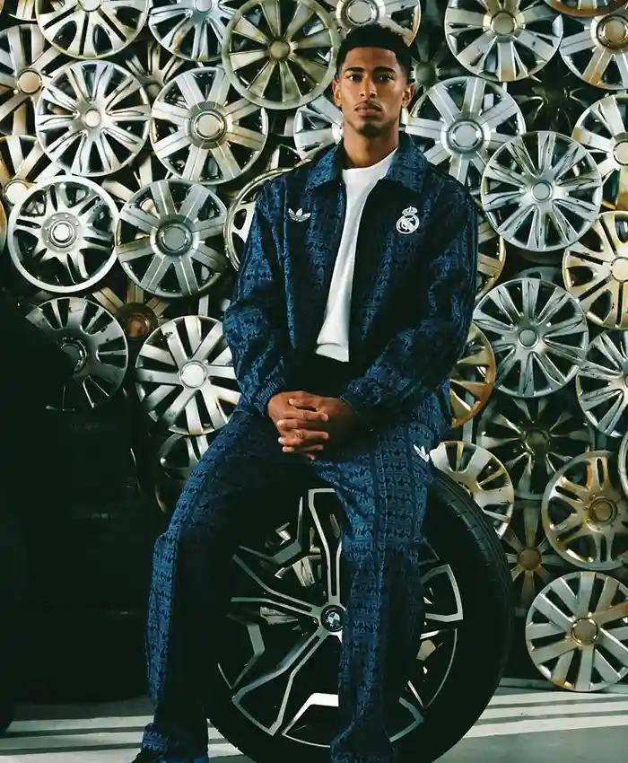 Close view of Adidas x Real Madrid LFSTLR Racing Motorsport Navy Blue Cotton Patterned Jacket