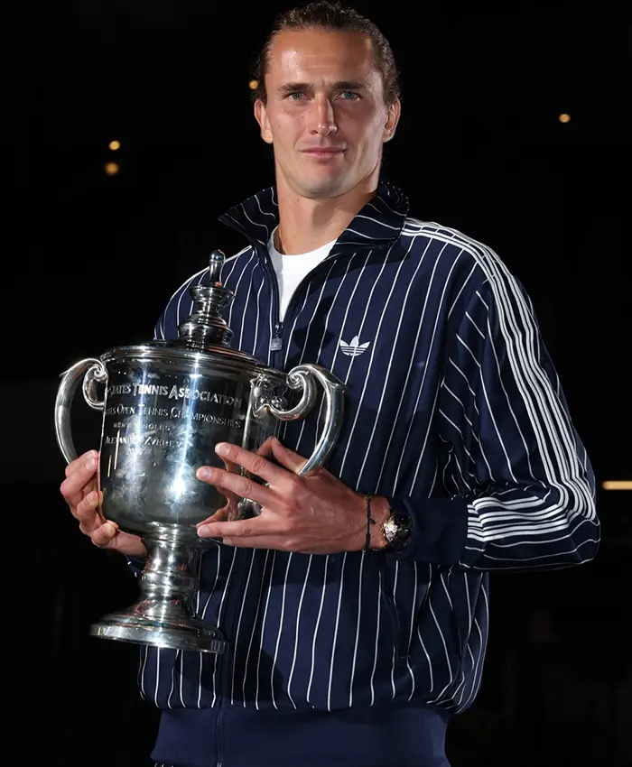 Close view of Alexander Zverev Men’s Singles Final 2026 Winner Firebird Pinstripes Adidas Track Top Jacket