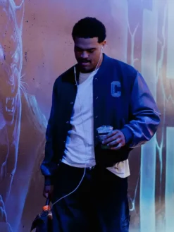 Close view of American Football Team Chicago Bears Caleb Williams Tunnel Black Wool Leather Varsity Jacket