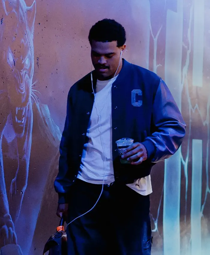Close view of American Football Team Chicago Bears Caleb Williams Tunnel Black Wool Leather Varsity Jacket