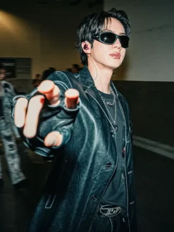 Close view of BTS ARIRANG World Tour Los Angeles Kim Seok-jin Black Leather Jacket