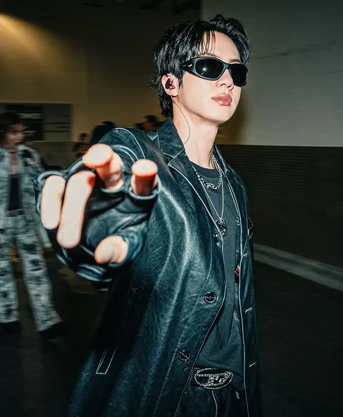 Close view of BTS ARIRANG World Tour Los Angeles Kim Seok-jin Black Leather Jacket