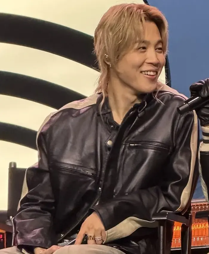Close view of BTS Jimin Spotify Event 2026 Normal Song Live Concert Black Leather Jacket