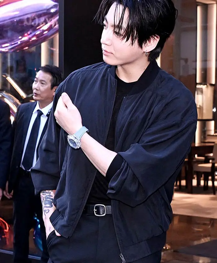 Close view of BTS Jungkook 2026 Hublot Event Black Polyester Bomber Jacket Sale