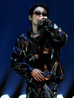 Close view of BTS Jungkook 2026 Las Vegas iHeartRadio Music Festival Brown Leather Jacket