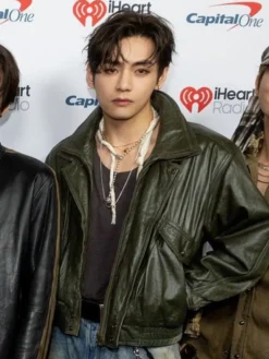 Close view of BTS Kim Taehyung V Las Vegas iHeartRadio Music Festival 2026 Green Leather Jacket